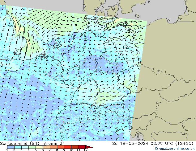 Bodenwind (bft) Arome 01 Sa 18.05.2024 08 UTC