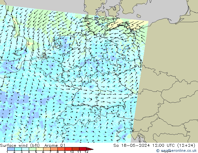 wiatr 10 m (bft) Arome 01 so. 18.05.2024 12 UTC