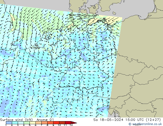 Wind 10 m (bft) Arome 01 za 18.05.2024 15 UTC