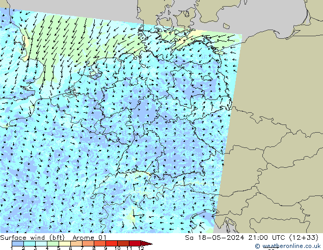 Bodenwind (bft) Arome 01 Sa 18.05.2024 21 UTC