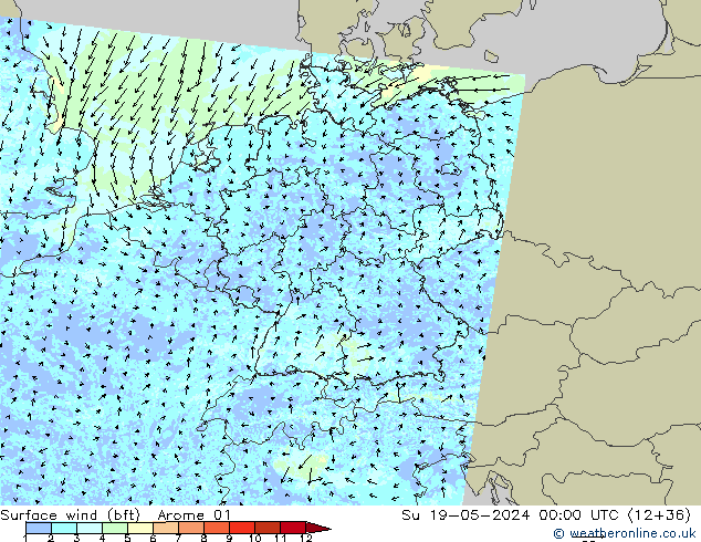 Vent 10 m (bft) Arome 01 dim 19.05.2024 00 UTC