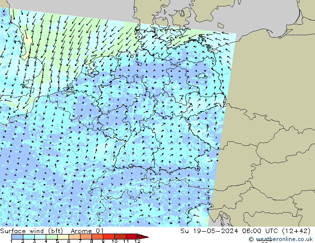 Surface wind (bft) Arome 01 Ne 19.05.2024 06 UTC