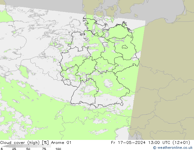 Cloud cover (high) Arome 01 Fr 17.05.2024 13 UTC