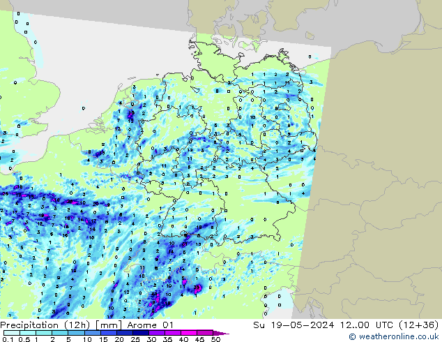 Totale neerslag (12h) Arome 01 zo 19.05.2024 00 UTC