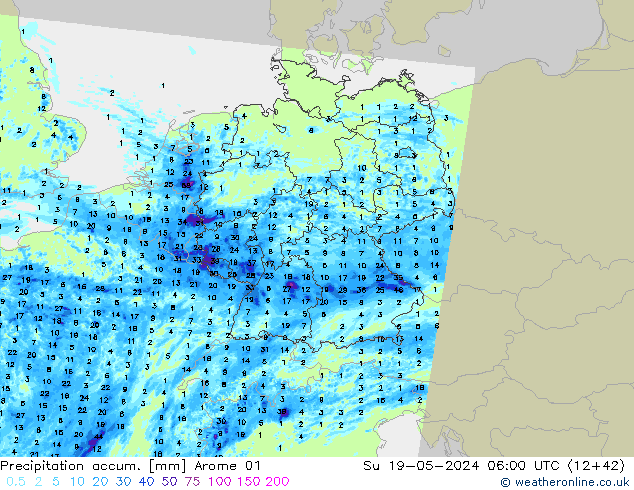 Totale neerslag Arome 01 zo 19.05.2024 06 UTC