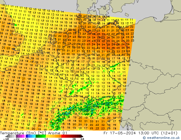 Temperatuurkaart (2m) Arome 01 vr 17.05.2024 13 UTC