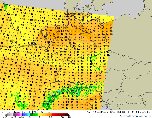 Temperatuurkaart (2m) Arome 01 za 18.05.2024 09 UTC