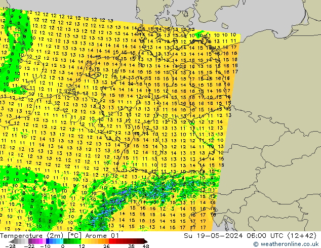 Temperatuurkaart (2m) Arome 01 zo 19.05.2024 06 UTC