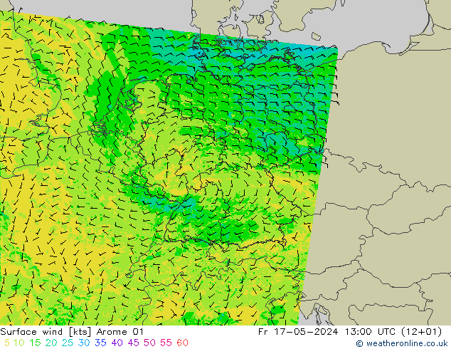 Wind 10 m Arome 01 vr 17.05.2024 13 UTC