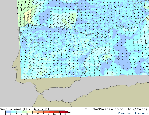Surface wind (bft) Arome 01 Ne 19.05.2024 00 UTC