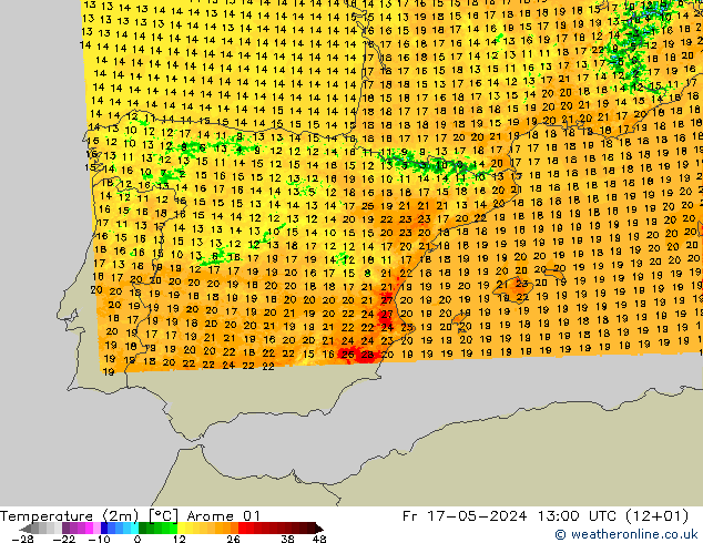 Sıcaklık Haritası (2m) Arome 01 Cu 17.05.2024 13 UTC