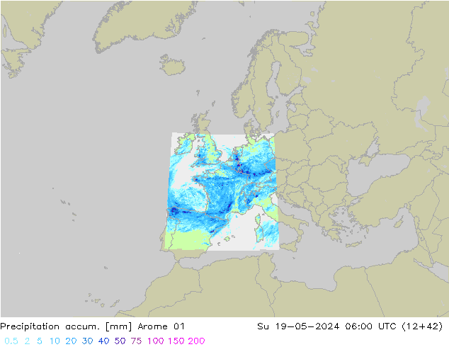 Totale neerslag Arome 01 zo 19.05.2024 06 UTC