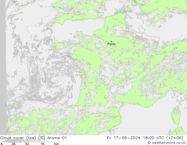 Cloud cover (low) Arome 01 Fr 17.05.2024 18 UTC