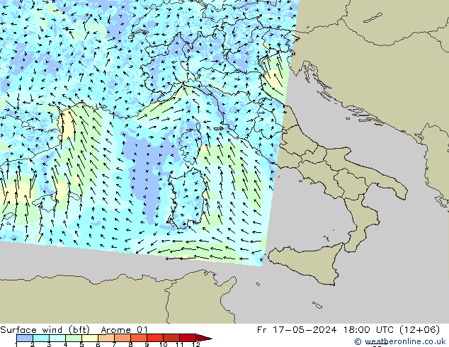 Wind 10 m (bft) Arome 01 vr 17.05.2024 18 UTC