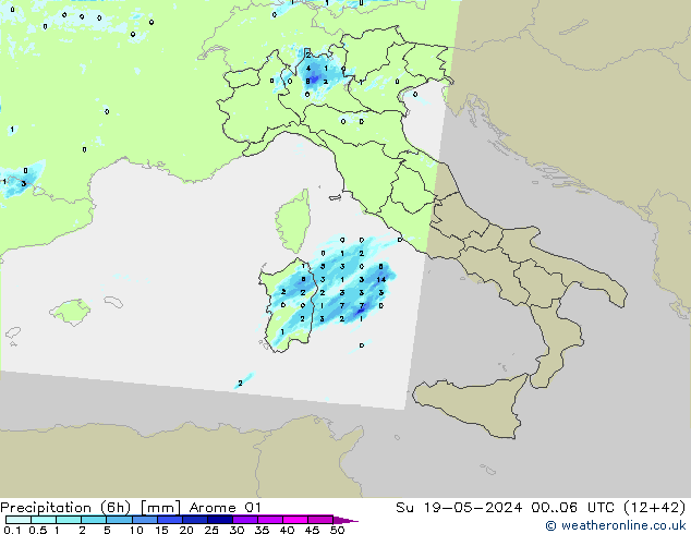 Precipitazione (6h) Arome 01 dom 19.05.2024 06 UTC