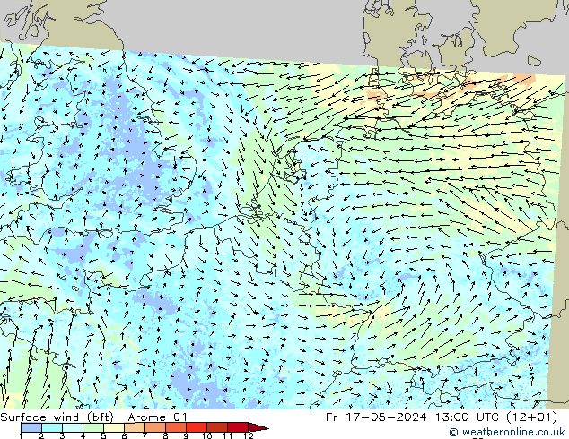 Surface wind (bft) Arome 01 Fr 17.05.2024 13 UTC