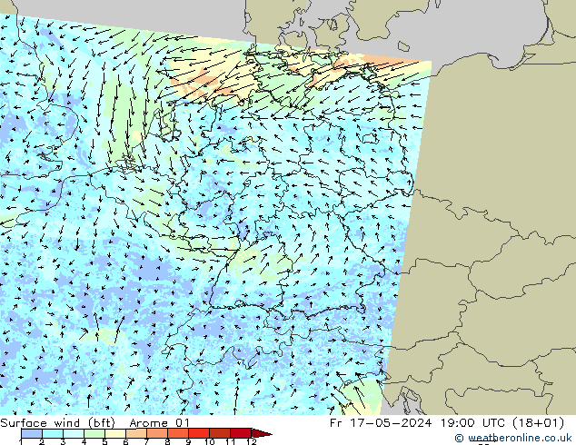 Wind 10 m (bft) Arome 01 vr 17.05.2024 19 UTC