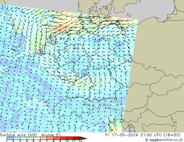 Wind 10 m (bft) Arome 01 vr 17.05.2024 21 UTC