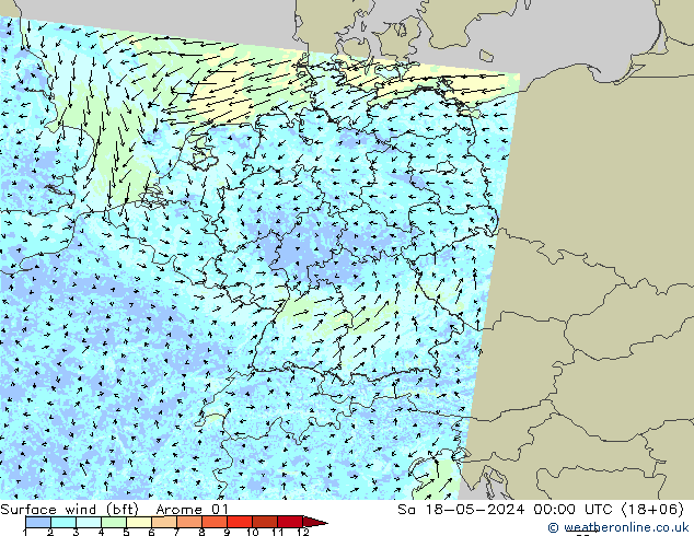wiatr 10 m (bft) Arome 01 so. 18.05.2024 00 UTC