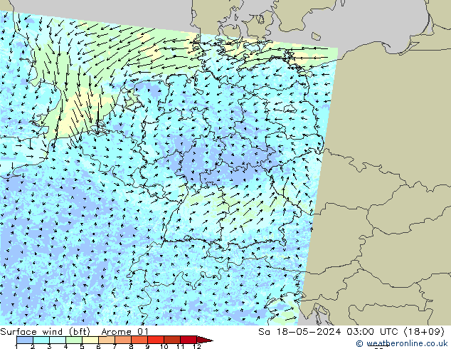 wiatr 10 m (bft) Arome 01 so. 18.05.2024 03 UTC