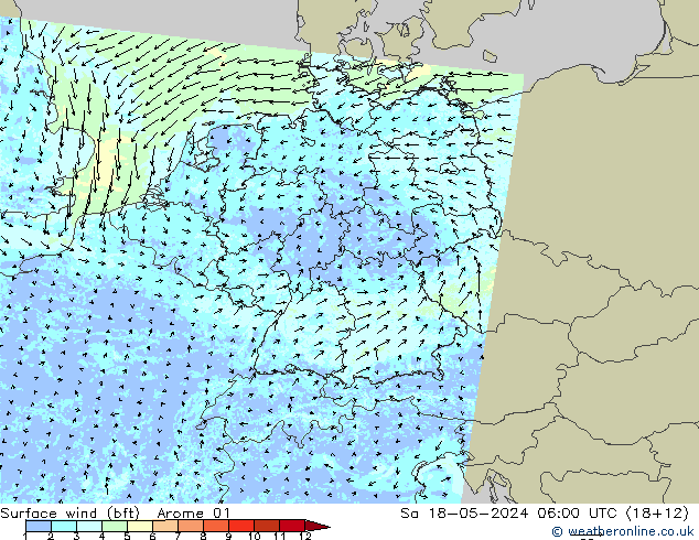 �N 10 米 (bft) Arome 01 星期六 18.05.2024 06 UTC