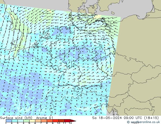 Rüzgar 10 m (bft) Arome 01 Cts 18.05.2024 09 UTC