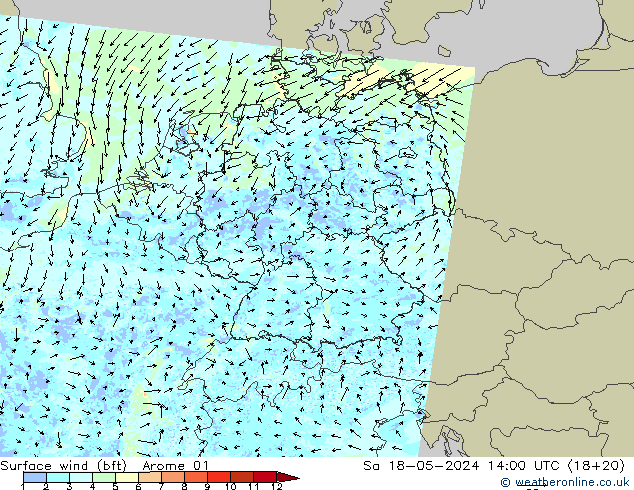 Bodenwind (bft) Arome 01 Sa 18.05.2024 14 UTC
