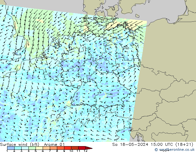 Bodenwind (bft) Arome 01 Sa 18.05.2024 15 UTC