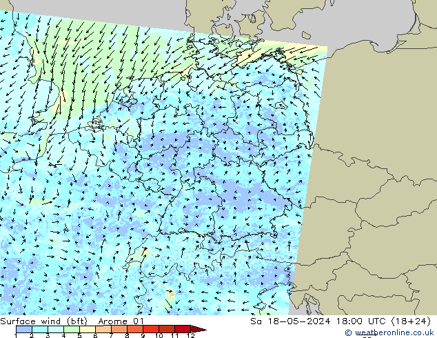 Bodenwind (bft) Arome 01 Sa 18.05.2024 18 UTC