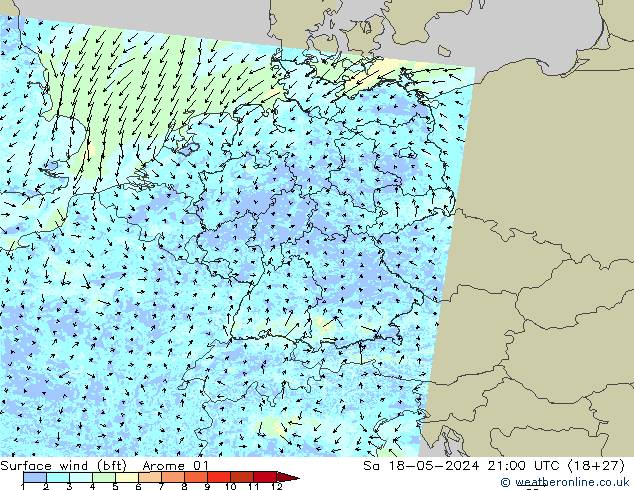Rüzgar 10 m (bft) Arome 01 Cts 18.05.2024 21 UTC