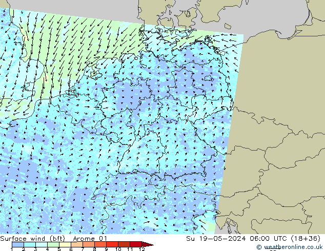 Rüzgar 10 m (bft) Arome 01 Paz 19.05.2024 06 UTC