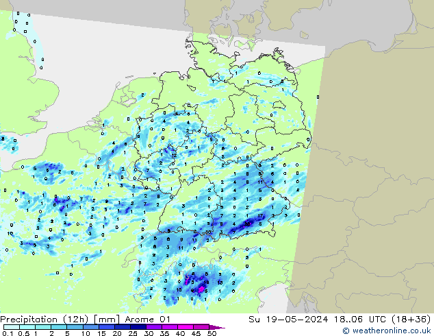 Precipitação (12h) Arome 01 Dom 19.05.2024 06 UTC