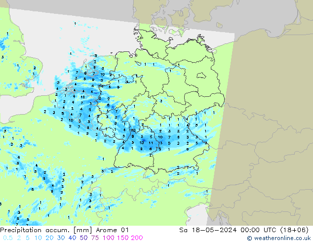 Totale neerslag Arome 01 za 18.05.2024 00 UTC