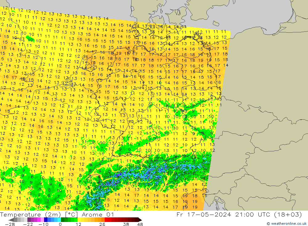Temperaturkarte (2m) Arome 01 Fr 17.05.2024 21 UTC