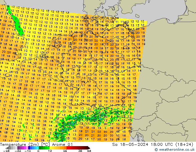 Sıcaklık Haritası (2m) Arome 01 Cts 18.05.2024 18 UTC