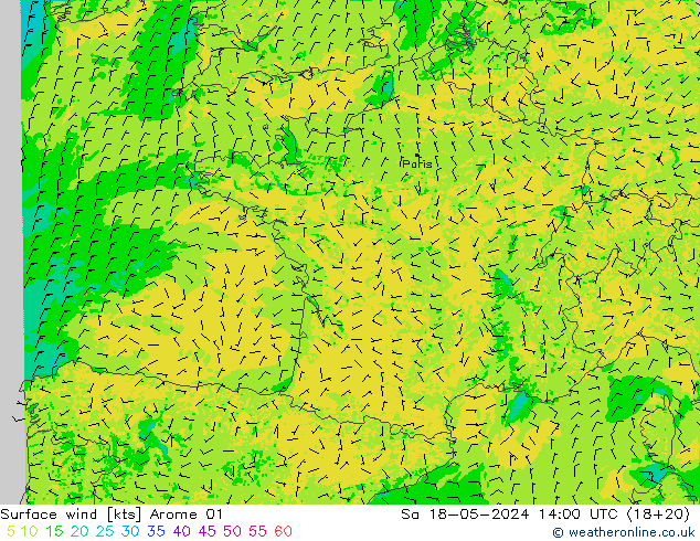 Wind 10 m Arome 01 za 18.05.2024 14 UTC