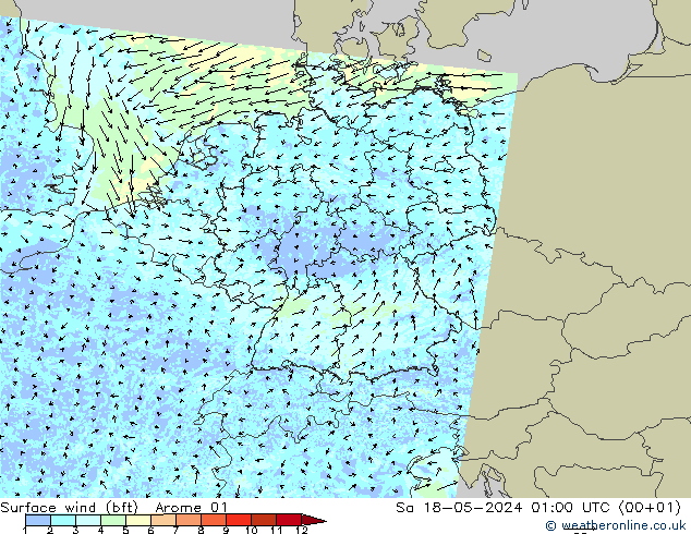 Bodenwind (bft) Arome 01 Sa 18.05.2024 01 UTC