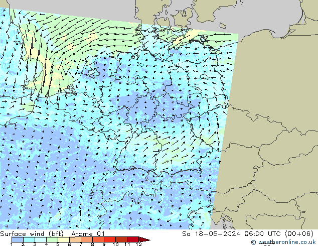 Bodenwind (bft) Arome 01 Sa 18.05.2024 06 UTC
