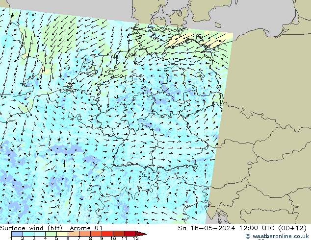 wiatr 10 m (bft) Arome 01 so. 18.05.2024 12 UTC