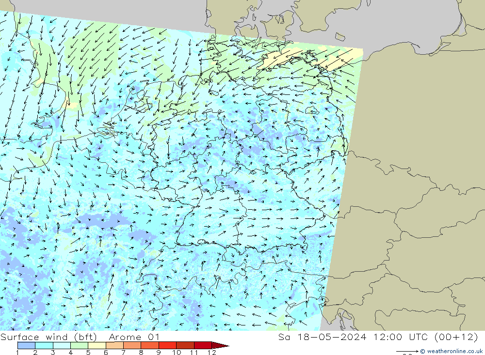 Bodenwind (bft) Arome 01 Sa 18.05.2024 12 UTC