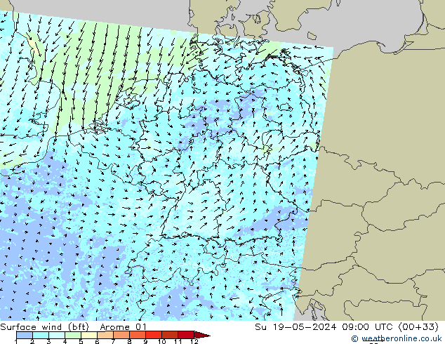 Surface wind (bft) Arome 01 Su 19.05.2024 09 UTC