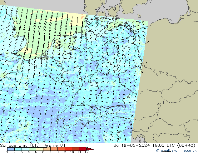 Surface wind (bft) Arome 01 Ne 19.05.2024 18 UTC
