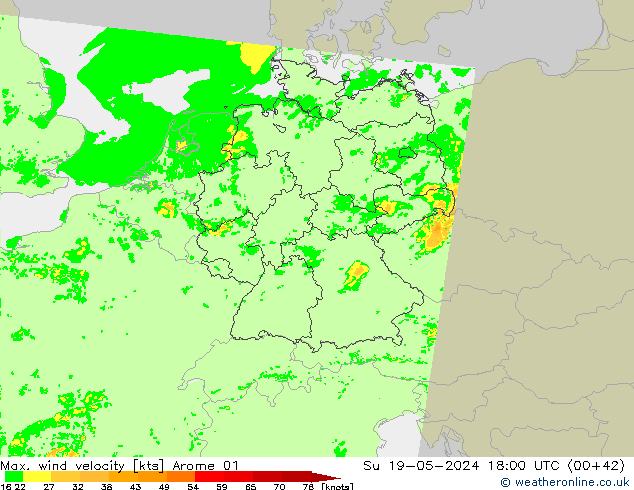 Maks. Rüzgar Hızı Arome 01 Paz 19.05.2024 18 UTC