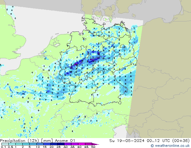 Precipitation (12h) Arome 01 Su 19.05.2024 12 UTC