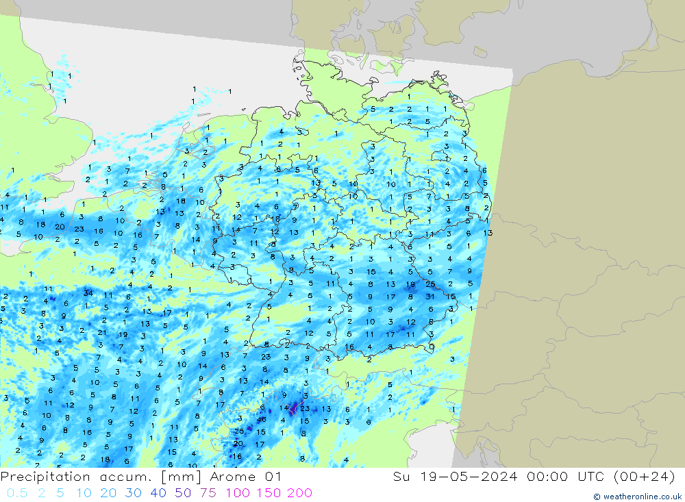 Precipitation accum. Arome 01 Su 19.05.2024 00 UTC