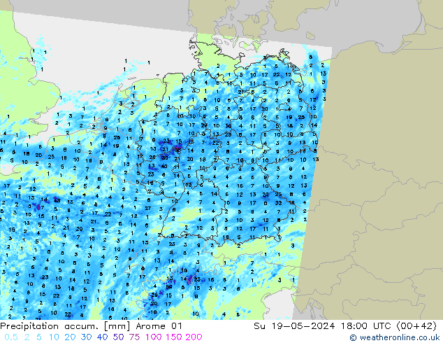 Precipitation accum. Arome 01 nie. 19.05.2024 18 UTC
