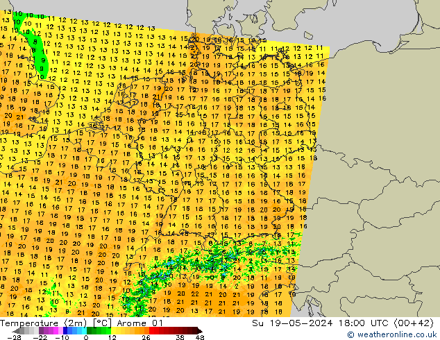 Sıcaklık Haritası (2m) Arome 01 Paz 19.05.2024 18 UTC