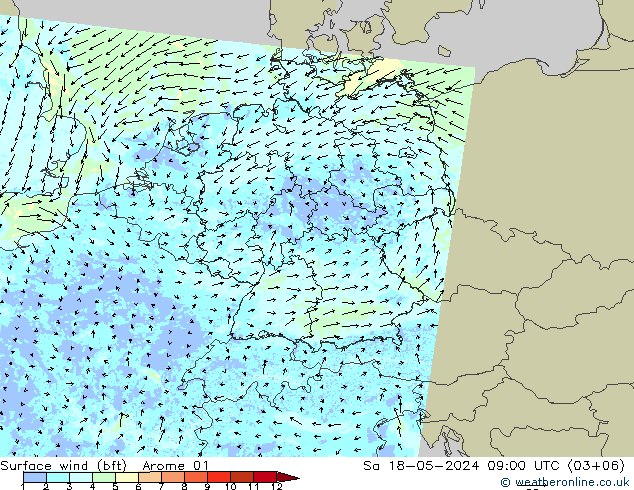 wiatr 10 m (bft) Arome 01 so. 18.05.2024 09 UTC