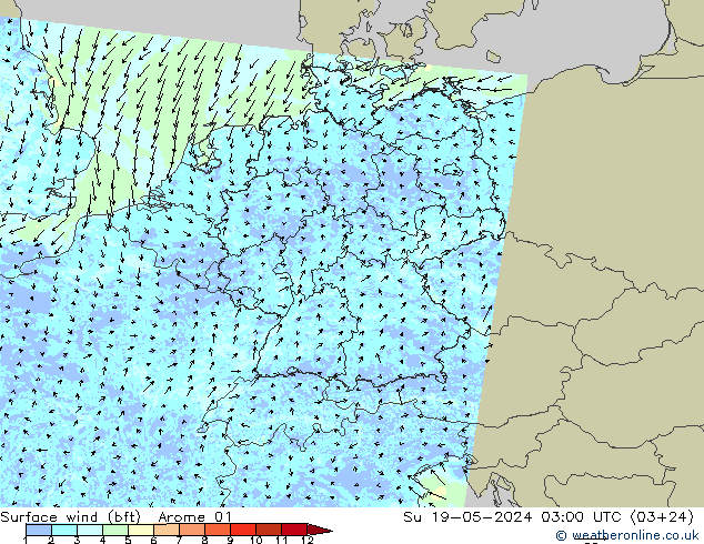 Rüzgar 10 m (bft) Arome 01 Paz 19.05.2024 03 UTC