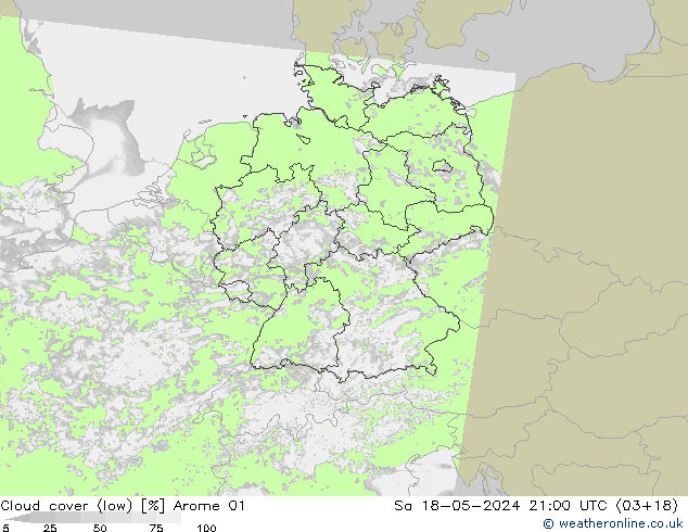 Bewolking (Laag) Arome 01 za 18.05.2024 21 UTC